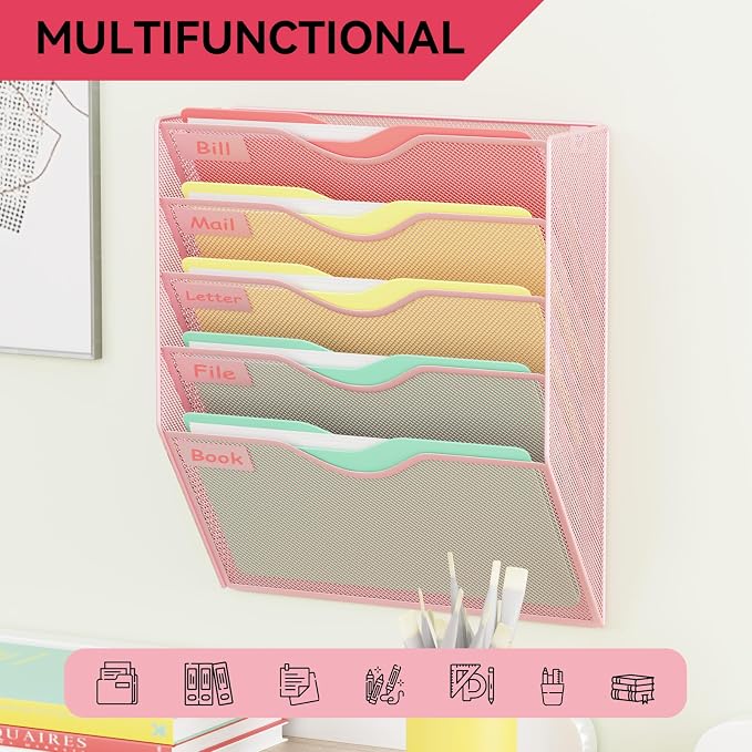 5 Pockets Hanging Wall File Organizer Mail Holder, Wall Mounted Paper Document Folder Holder, Clipboard Storage Organization Magazine Rack, Pink - Image 6