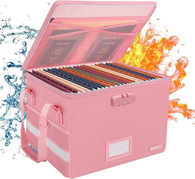 ENGPOW File Box with Lock, Fireproof Document Box with Zipper＆Pockets, Collapsible File Organizer Filing Storage Cabinet with Handle, Portable Home Office Safe for Hanging Letter/Legal Folder, Pink by ENGPOW
