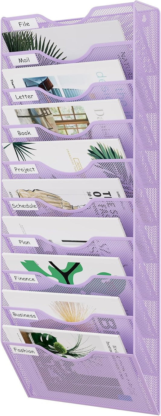 EasyPAG 10 Pocket Mesh Wall File Organizer, Hanging Paper Folder Holder with Classify Label, Vertical Wall Mount Mail Organizer for Office Home Classroom, Purple by EasyPAG