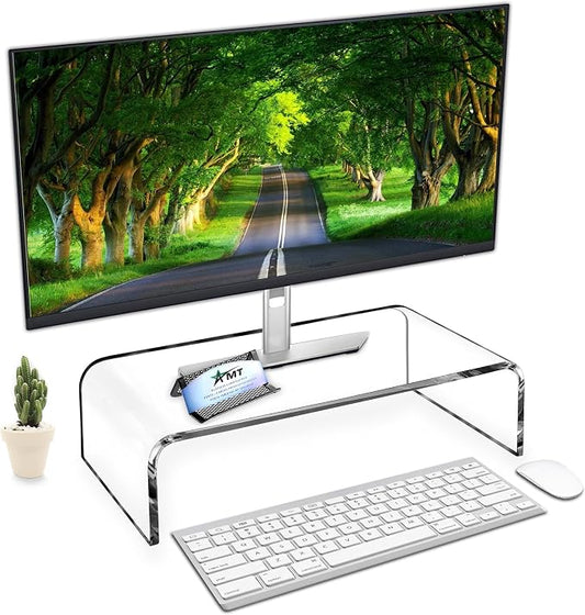 AMT 16 Inch Acrylic Laptop Monitor Stand, Computer Riser with Cat Keyboard Protector, Space-Saving Design, Extra Storage, Clear Shelf - Ideal for Monitors, Laptops, Printers, Desktop Decor by AMTSupply