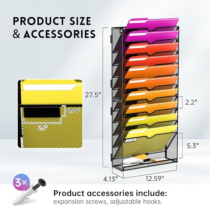 2-Pack 11-Tier Wall File Organizer with Base and Hooks, Black | Wall Organizer and Wall File Holder with 11 Vertical Pockets and Bottom Tray for Files, Mail, Folders, Magazines and Paper - Image 7