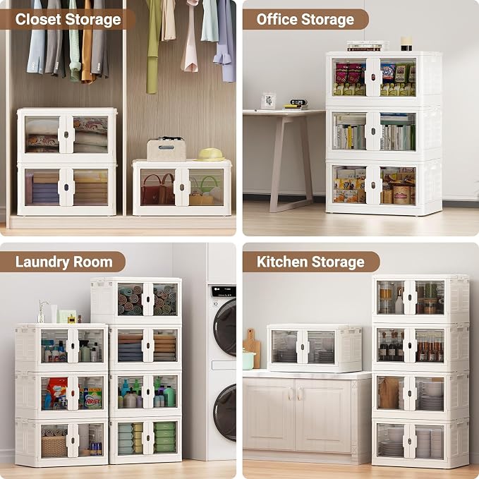 BROVIEW 460Qt Stackable Storage Bins with Individual Lids & Wheels, Large Plastic Collapsible Latching Boxes Closet Organizers and Storage Cabinet Shelves Units for Home Kitchen Dorm, 4-Pack White - Image 6