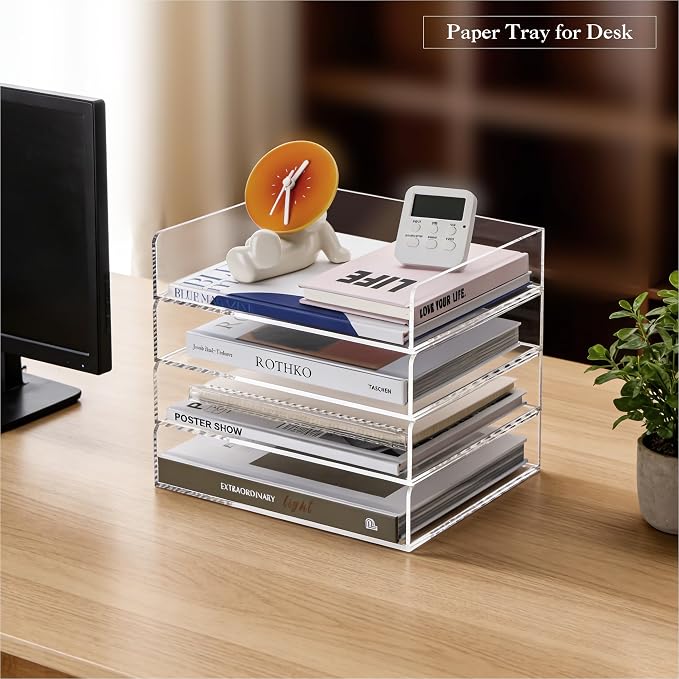 HeZone 4 Tier Paper Organizer for Desk,Acrylic Paper Tray,Clear Stackable Desk Organizer for Document, Office File,A4 Paper - Image 9
