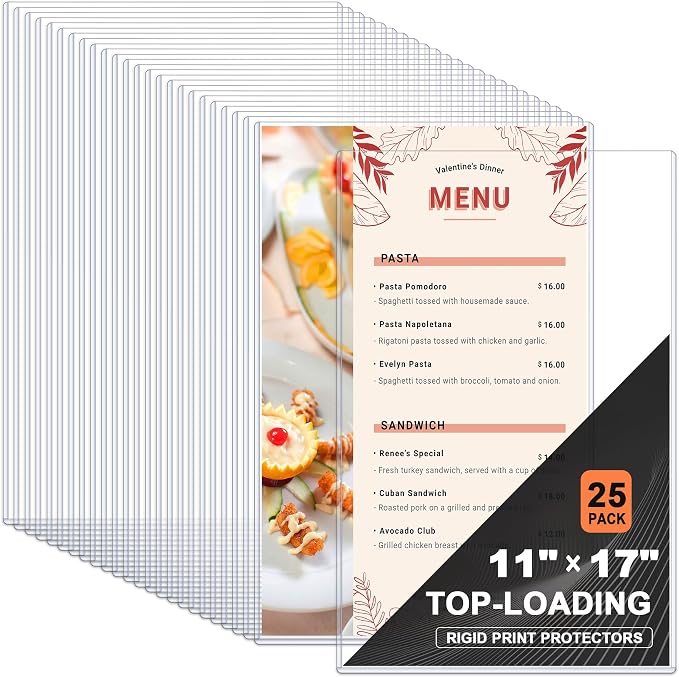 Ndsox 25 Pack 11" x 17" Rigid Print Protectors - Heavy Duty Hard Plastic Sheet Page Protectors - Crystal-Clear Menu Holders - Top Loading Art Prints Sleeves for Documents Magazines Posters Photographs by NDSOX