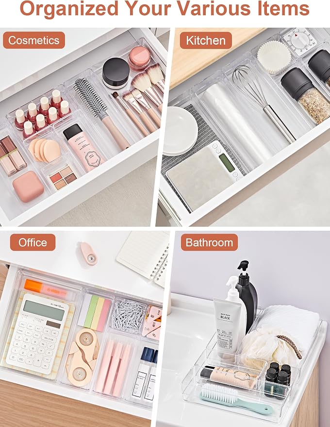 SMARTAKE 37 PCS Drawer Organizer 4 Size Desk Makeup Drawer Organizer Clear | Storage Trays with Non Slip Silicone Pads for Makeup , Jewelries, Utensils in Bedroom Dresser, Office, Kitchen and Bathroom - Image 6