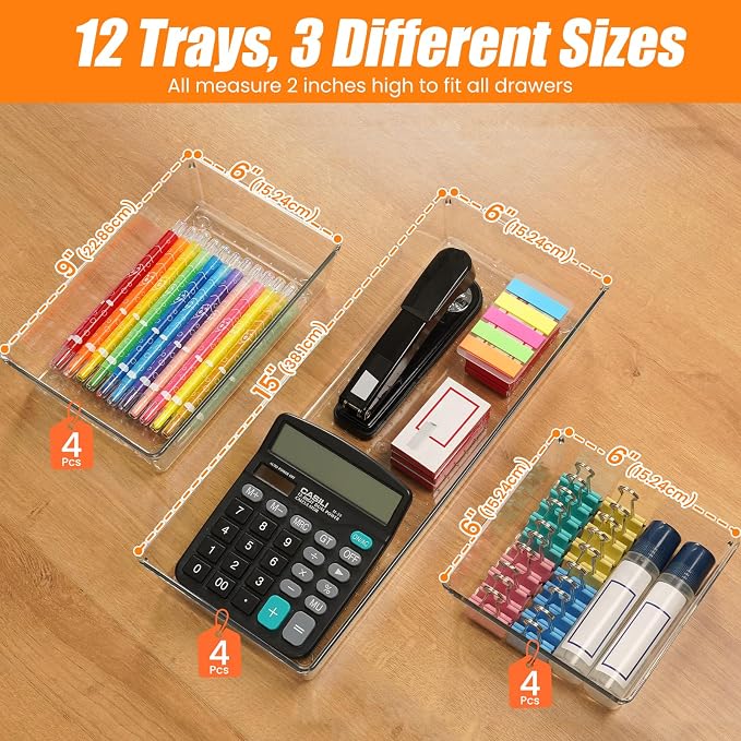 12 Pack Clear Plastic Drawer Organizer Set, Acrylic Non Slip Non Cracking Kitchen Drawer Storage Tray Large Size Divider, Multifunctional Storage for Cosmetics, Bathroom, Tools, Kitchen and Office - Image 2