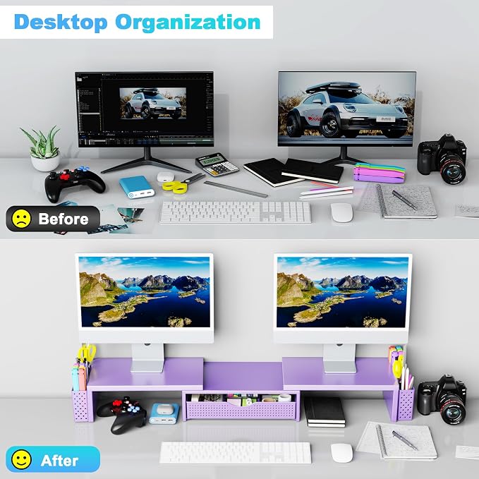 Spacrea Metal Desk Organizers and Accessories, Dual Monitor Stand Riser with Drawer and 2 Pen Holders, Desk Accessories & Workspace Desktop Organizers for Office Supplies (Purple) - Image 3