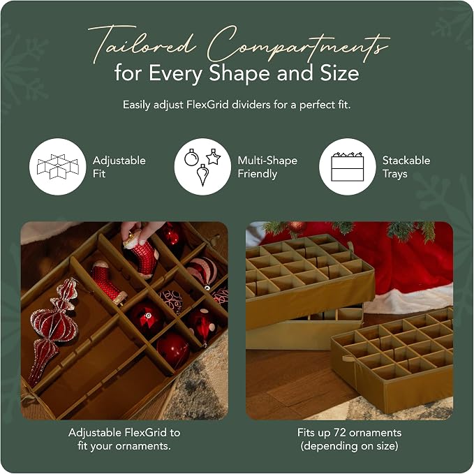 Covermates Keepsakes Adjustable Ornament Storage Box – Heavy-Duty Polyester, Padded Dividers & FlexGrid Trays – Protective Holiday Organizer with Stackable Walls & Label Window, Green - Image 5