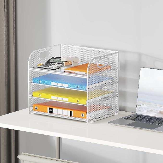 Lavatino Paper Organizer for Desk, 4-Tier Desk Organizer Tray, Mesh Desktop File Organizers with Handle, Office Classroom Organization and Storage-White - Image 6