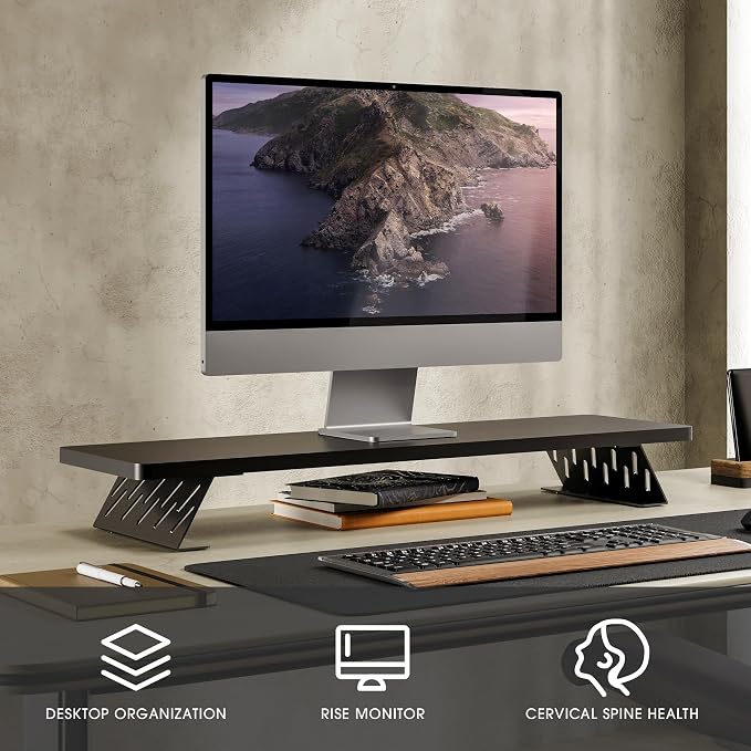 Fenge Monitor Stand Riser, Wooden & Metal Desk Shelf Organizer, Black | 31.5in Computer Stand, Single Monitor Setup, for Compact Work Station, Multifunctional Monitor Shelf for Laptop, PC, Printer - Image 2
