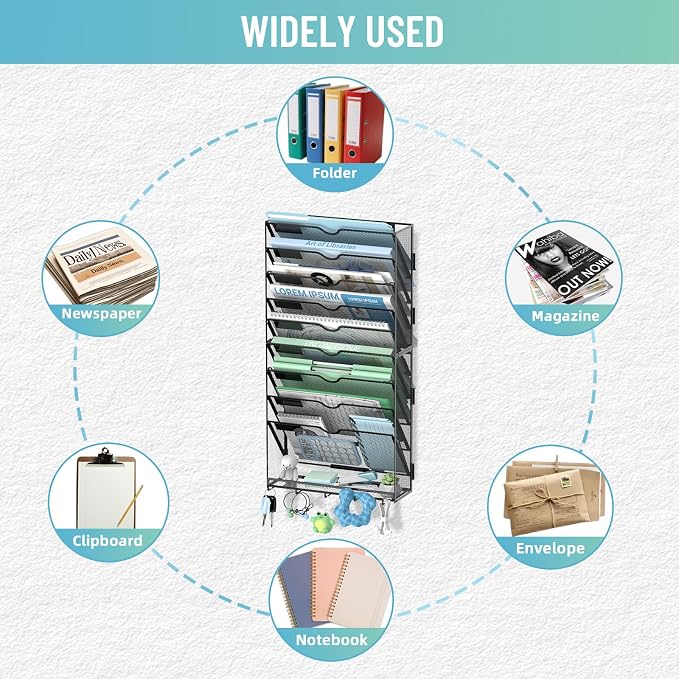 10-Tier Wall File Organizer with 5 Hooks, Wall Mounted Mail Organizer | File Holder Organizer, Metal Mesh Office Wall Organizer for Home, School & Classroom - Image 3