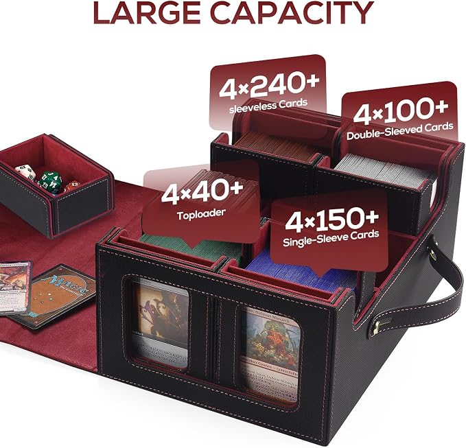 Trading Card Storage Box for MTG, MTG commander deck box，Multi-purpose Deck Case for MTG TCG Sports Card, 4 Toploaders, 4 Stoppers, 4 Colorful Dividers (Black & Red) - Image 2