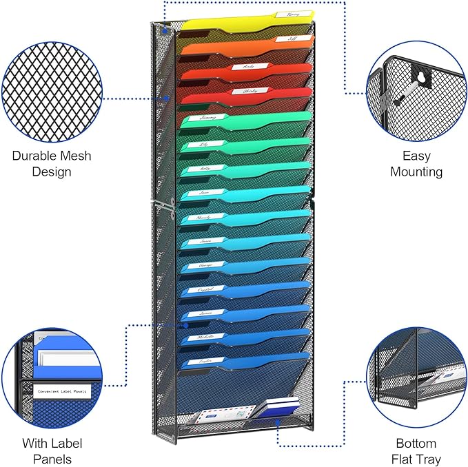 samstar 16 Tier Wall File Organizer Hanging Wall File Holder Wall Mount Paper Folder Organizer, Magazine Rack, Mesh Made,Black - Image 4