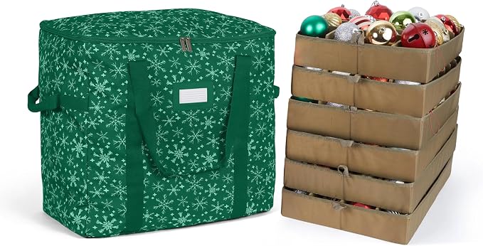 Covermates Keepsakes Adjustable Ornament Storage Bag – Heavy-Duty Polyester, Padded Dividers & FlexGrid Trays – Protective Holiday Ornament Organizer with Handles & Label Window, Green Snowflake by Covermates