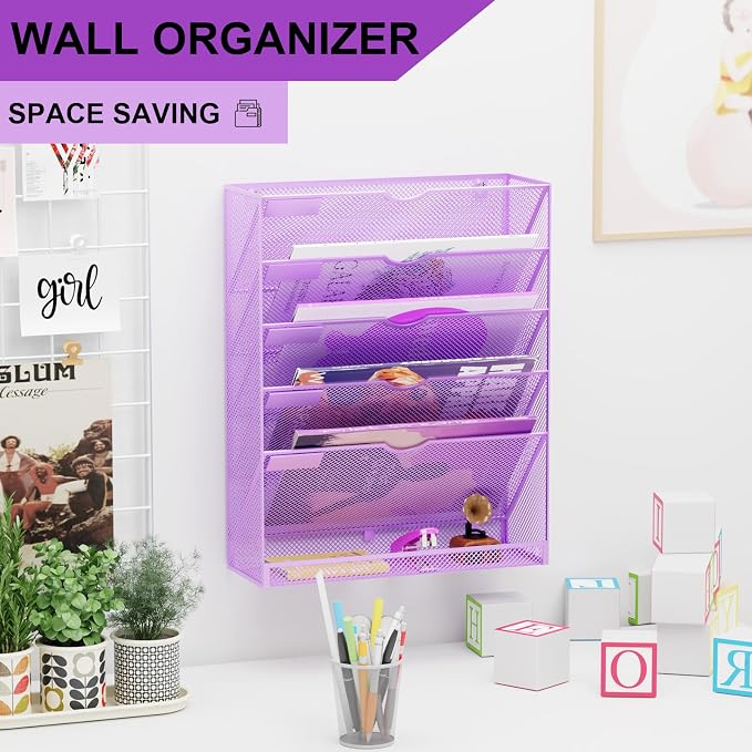 Hanging Wall File Organizer 6 Tier Wall Mounted Mail Paper Folder Holder Document Organization Stand, Vertical Desk Magazine Rack for Office Home Cubicle Countertop, Light Purple - Image 2