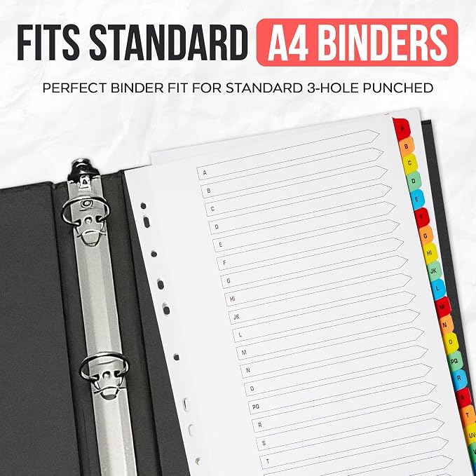 The Paper Shop A-Z Dividers for 3 Ring Binder - A4 (1 Pack) | Alphabet Binder Dividers with Tabs for Office School & Home | A-Z Alphabetical Index Tabs 150gsm | Colour-Coded Multipunched Set - Image 6