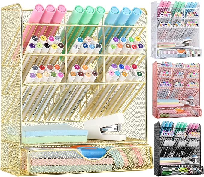 Spacrea Mesh Pen Organizer - Pencil Holder for Desk, Desk Organizer with Drawer for School, Home, Art Supplies (Gold) by Spacrea