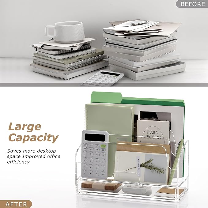SANRUI Clear Desk Organizer Holder with Drawers, Acrylic File Mail Sorter | 3 Compartments, Desktop Manila Folders Box, Office Desk Accessories & Workspace Envelope Bill Letter Organization Racks - Image 7