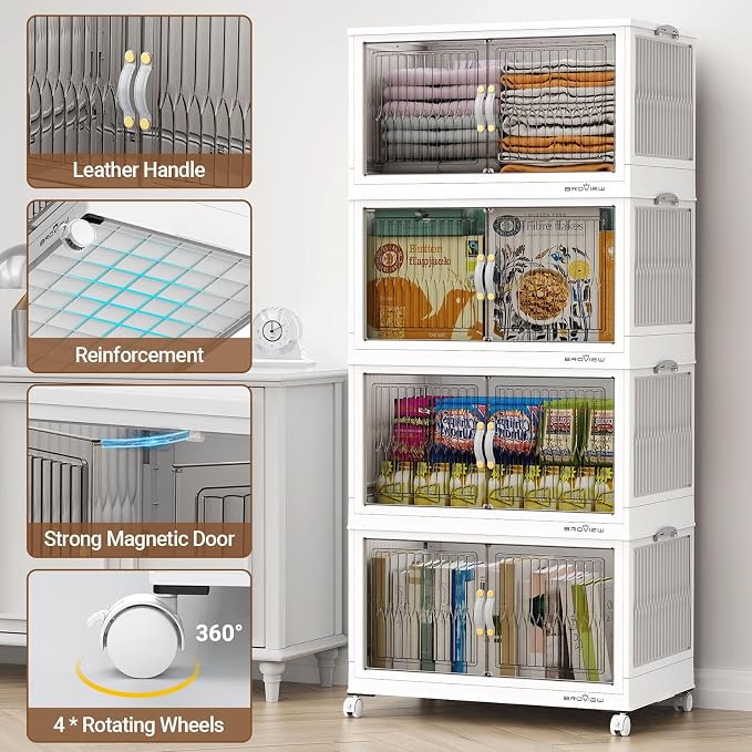 BROVIEW 480Qt Stackable Storage Bins with Lids, Extra Large Closet Organizer Collapsible Drawer Boxes with Wheels, Folding Plastic Cabinet Containers for Home Kitchen Room Organization, 4Pack White - Image 3