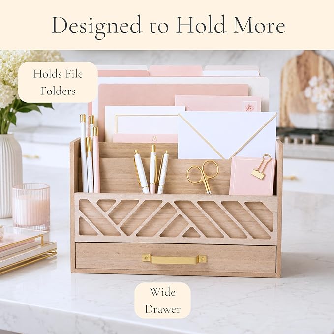 BLU MONACO | Wooden Mail Organizer with Drawer and Gold Handle | Outgoing Mail Holder and Letter Sorter for Desk | Natural Wood Desktop Paper Organizer - Image 5