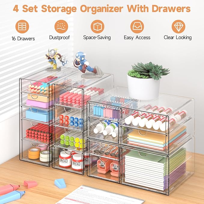 DOMNIU Acrylic Makeup Drawer Storage Organizer with 16 Drawers, 4 Set | Office Desk Organization and Storage, Dustproof Drawer Organizer for Makeup, Countertop, Jewelry, Desktop, Bathroom, Bedroom - Image 6
