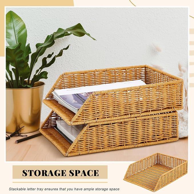 Yeaqee 2 Pcs Paper Tray Organizer for Desk Woven Letter File Organizer A4 File Tray Desk Paper Basket Letter Size Imitation Rattan Holder Organization Rack for Office Storage(Brown,Sleek Style) - Image 5