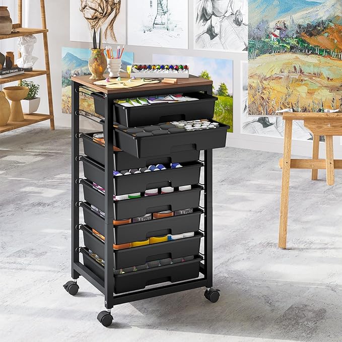 SYKIARIOL Rolling Storage Cart with Drawers, 8 Drawers Utility Cart,Black | Rolling Drawer Cart with Wooden Tabletop,Storage Drawer Cart for Living Room,Classroom,Bedroom,Dorm,Office - Image 4