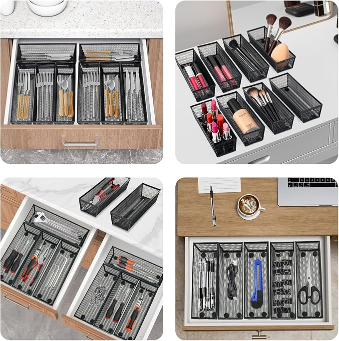 Neudeco Silverware Organizer, Black, 9 x 3 x 2 inch, Pack of 12 | Mesh Drawer Organizer, Metal Construction, For Kitchen Utensils & Flatware, Multi-Purpose Use - Image 7