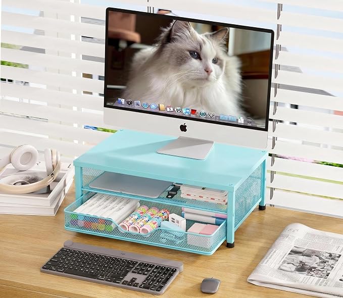 Computer Monitor Stand Riser, Desk Organizer with Drawer, Printer & Laptop Stand, Office Desk Accessories & Workspace Desktop Organizers Storage for Office Supplies(Blue) - Image 5