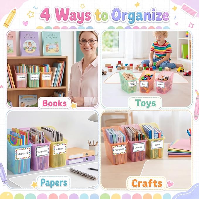 Blosssound 6 Set Book Bins for Classroom with Label Sticker Book Box Baskets Plastic Stackable Organizing Bins Storage & Organization for Classroom Library Home School Supplies (Translucent Pastel) - Image 7