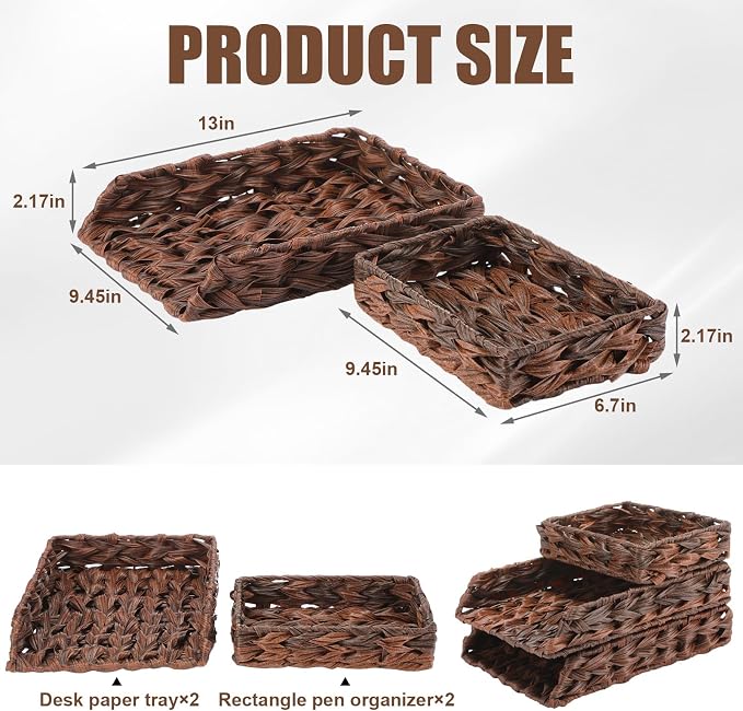 3 Pack Water Hyacinth Woven Stackable Desk Organizer Letter Tray, Brown Tabletop Desk Basket for Storage Paper Letter Folders Notebooks Copy Print, Workspace Holder - Image 2