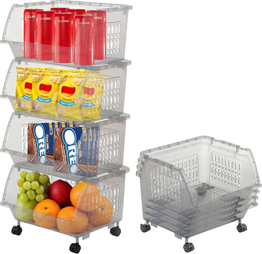 Large Stackable Storage Bins Open Front with Wheels, 4 Pack - Light Grey | Easy Assembly, Sturdy Plastic, Open Front Access, Smooth Rolling Wheels, Stackable, Large Capacity Storage by Skywin