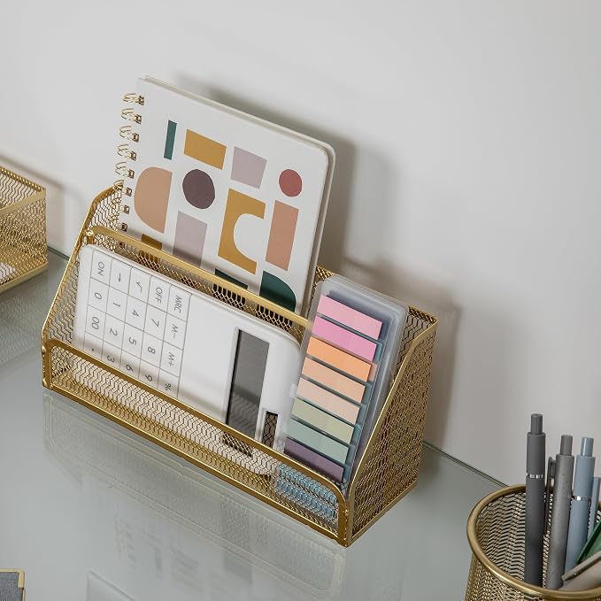 Martha Stewart Ryder 6-Piece Mesh Metal Desktop Organizer Set, Gold | Steel Mesh, Gold Finish - Image 6