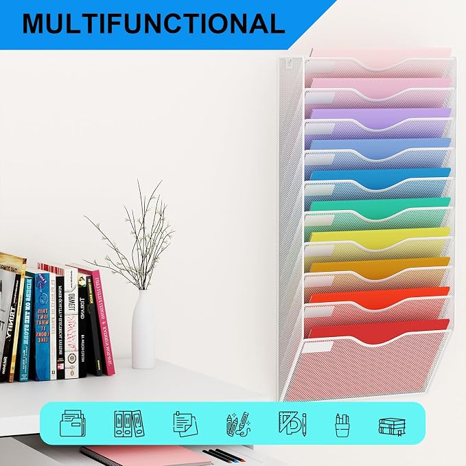 10 Pockets Hanging Wall File Organizer Mail Holder, Wall Mounted Paper Document Folder Holder, Clipboard Storage Organization Magazine Rack, White - Image 6