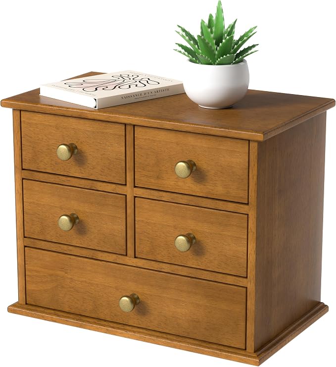 Oak Desk Organizer with Drawers, Durable Wooden Desktop Storage Box | 5 Drawer Tabletop Organizer with Metal Handles & Non-Slip Pads for Office, Bedroom, Bathroom, Vanity & Makeup Storage, Walnut by JNFUZ
