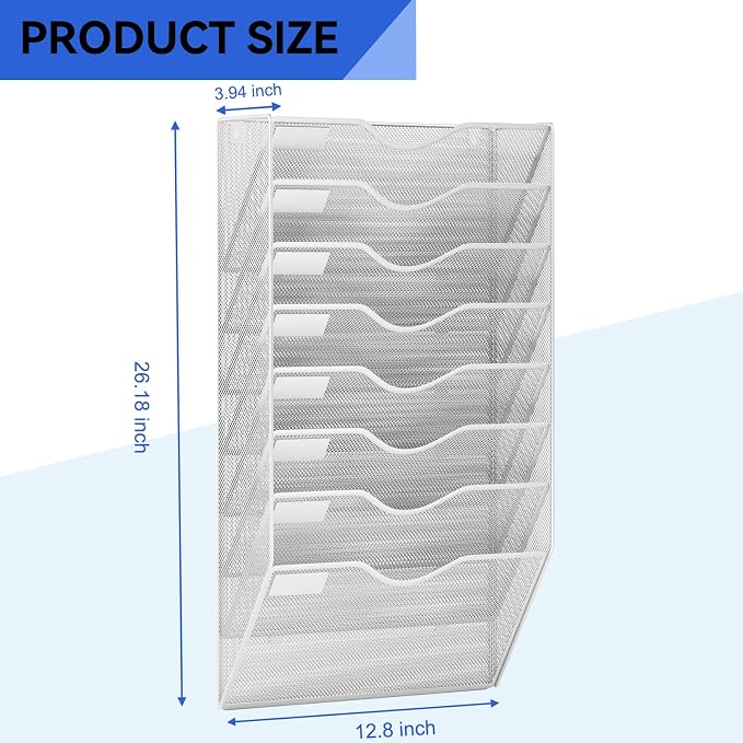 8 Pockets Mesh Hanging Wall File Holder Organizer Wall Mounted Paper Magazine Rack, Silver - Image 3