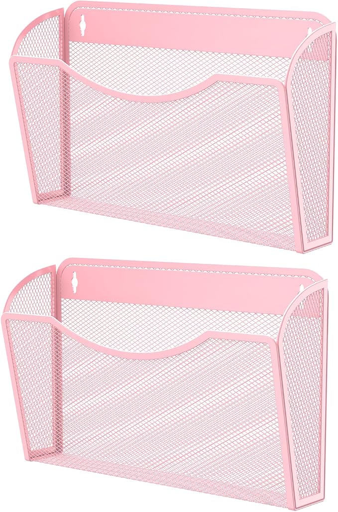 MINDEPOT Wall File Organizer, Hanging Wall File Holder, 2 Pack, Pink | Heavy Duty Iron, Metal Mesh Wall Mount, Single Pocket, Mail Organizer, for Office School Classroom Home, Letter A4 Size by MINDEPOT