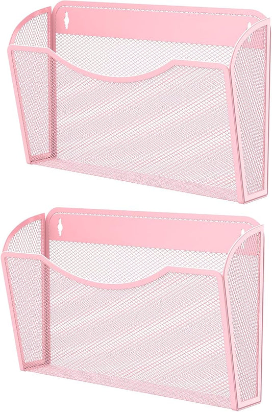 MINDEPOT Wall File Organizer, Hanging Wall File Holder, 2 Pack, Pink | Heavy Duty Iron, Metal Mesh Wall Mount, Single Pocket, Mail Organizer, for Office School Classroom Home, Letter A4 Size by MINDEPOT