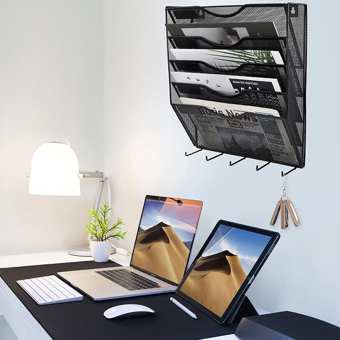 5 Pocket Mesh Hanging File Organizer with Key Holder Hooks & Nametag Label, Wall Mounted Mail Paper Document Folder Storage Organization Magazine Rack for Office Cubicle, 5 Tier Black - Image 6