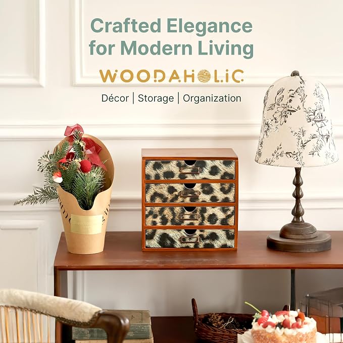 Classic Leopard Print Wooden Desk Organizer - 4-Drawer Desktop Storage - Rustic Wood Cabinet for Office Supplies, Craft Tools, & Home Organization - Luxurious Drawer Unit - Image 8