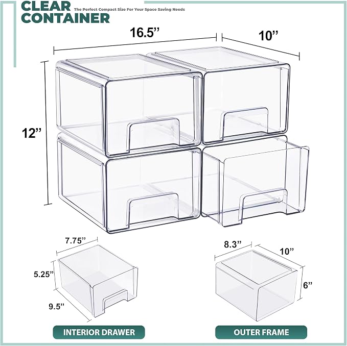 Sorbus Large Clear Stackable Storage Drawers 4-Pack Plastic Organizer Bins with Handles Pull-Out Drawers for Bathroom Closet, Medicine, Cabinet, Pantry Storage, Baby Bottle Organizer - Image 3
