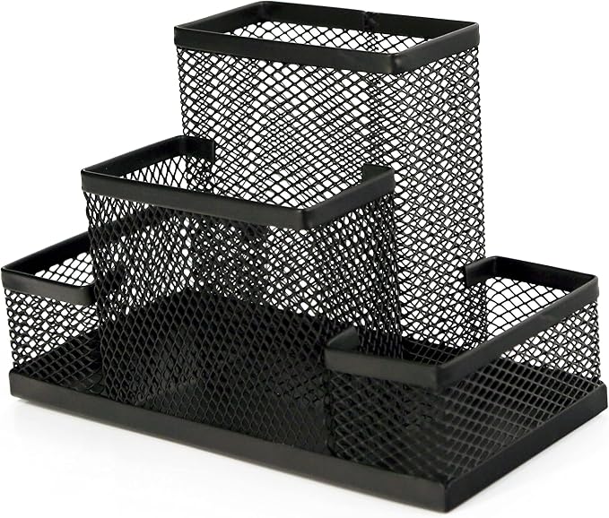 Huron Pen Holder and Desk Organizer Caddy, 4 Compartment Storage for Pencils Pens Sticky Notes Office Desk Accessories for Home Office,Black Steel Mesh (1/4/24/96) (1 pc) - Image 5