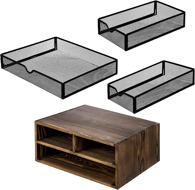 MyGift Rustic Burnt Brown Solid Wood Desktop Organizer Box with 3 Removable Black Metal Mesh Trays, Office Desk Supplies Storage Drawers for Accessories - Image 6