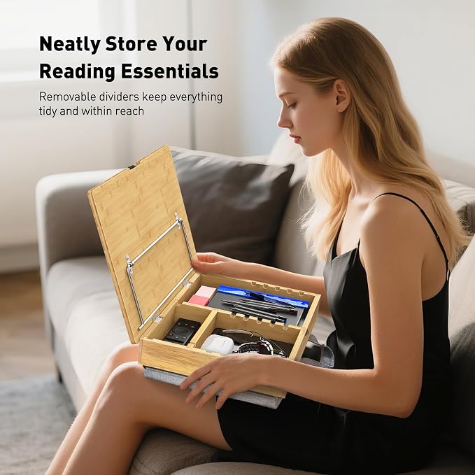 AboveTEK Book Stand for Reading with Storage, Adjustable Bamboo Book Holder with Soft Lap Cushion, Cookbook Stand, Hands-Free Book Reading Stand for Bed, Desktop & Kitchen Counter - Image 4