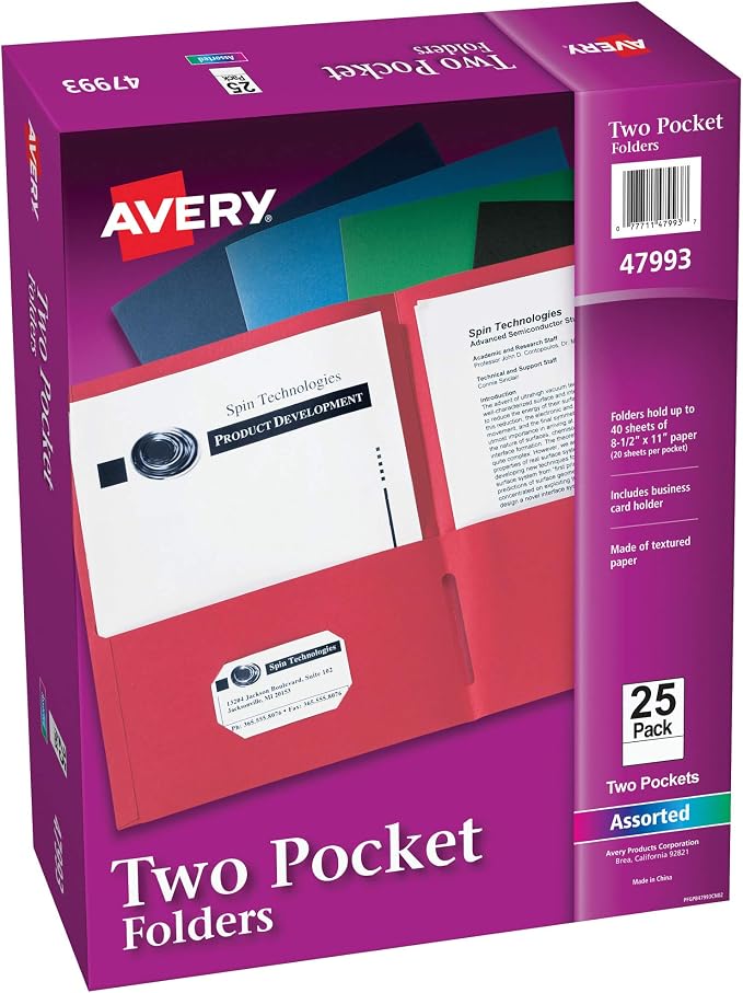 Avery® Two Pocket Folders, Holds up to 40 Sheets, Business Card Slot, 25 Assorted Folders (47993) by Avery