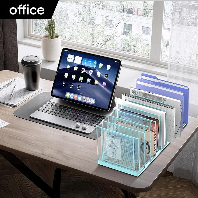 9-Section Desk File Organizer, Vertical File Holder, Mesh Desktop File Folder Metal File Organizer Stand for Office Home Classroom, Blue - Image 7