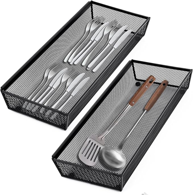 Neudeco Drawer Organizer, Black, 5 Pack, 15x6.2x2 inches | Metal Mesh Silverware Tray, Interlocking Design, 5 Compartment, For Kitchen Utensils - Image 3