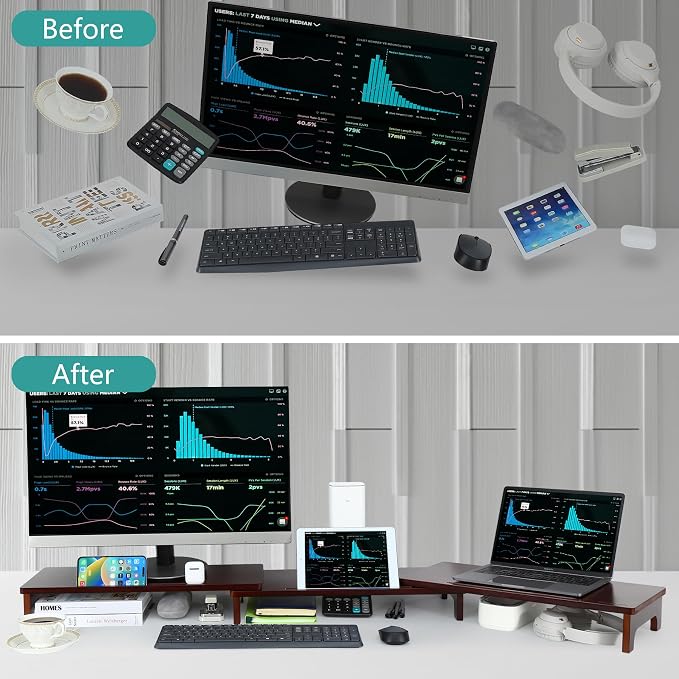 Nnewvante Dual Monitor Riser, 60 inch Bamboo Monitor Stand for Desk, Walnut | Adjustable Length Angle, 3 Shelves Desktop Screen Riser, For Computer Laptop PC - Image 5