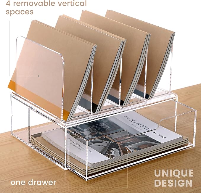 HeZone Desk Organizers and Accessories, Acrylic Desk Organizer with Drawer, Office Supplies Organization Storage, Clear Acrylic File Organizer for Desk - 1 Pack - Image 4
