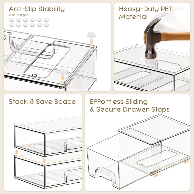 Stackable Storage Drawers, 6 Pack Clear Plastic Makeup & Bathroom Organizer, Versatile Storage Bins for Vanity, Under Sink, Kitchen Cabinets & Pantry - Image 5